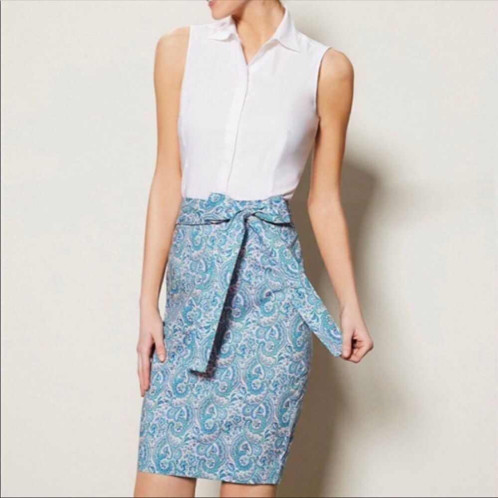 ANTONIO MELANI Blue Paisley Pencil Skirt Belted Tie Waist Liberty London Size 2
